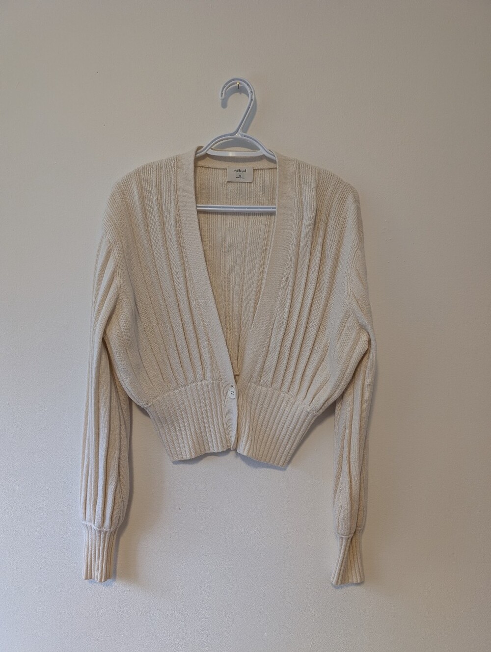 Aritzia Wilfred Plunge Front Merino Wool Cotton Ribbed Cardigan Cream Birch XS
